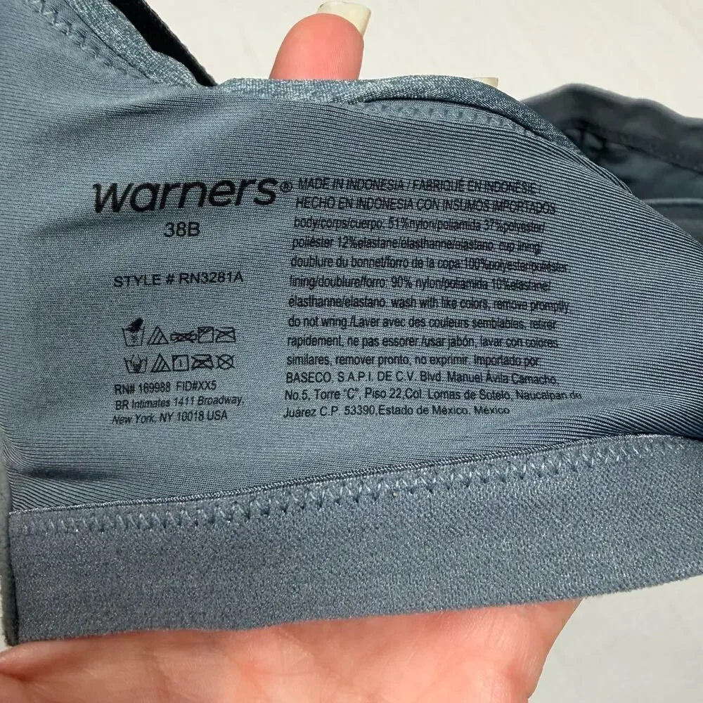Warners Play It Cool Bra Womens 38B Wireless Lift Lightly Lined Blue Gray NWT